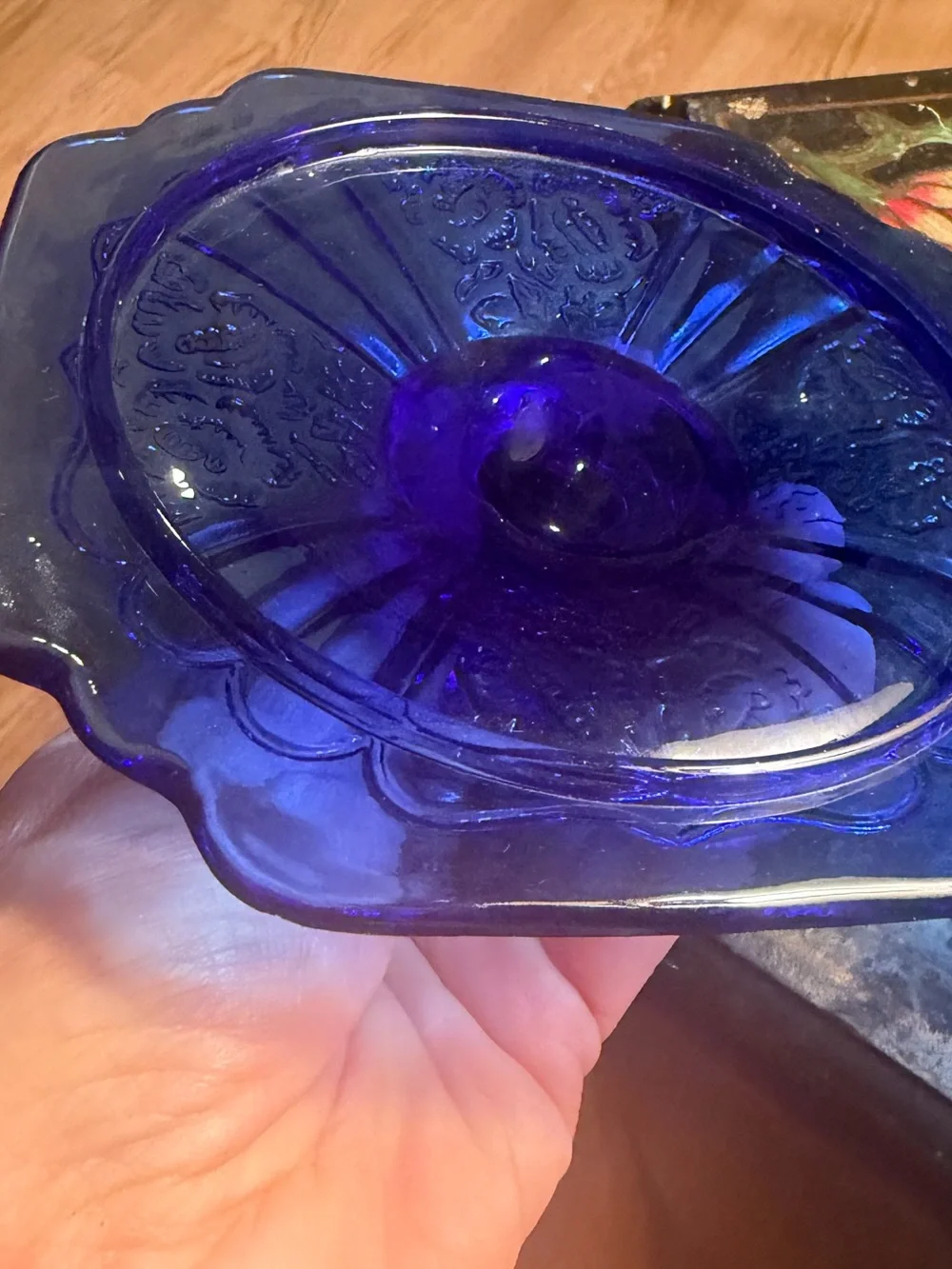 Anchor Hocking Cobalt Blue Floral Glass Biscuit Barrel  Lid